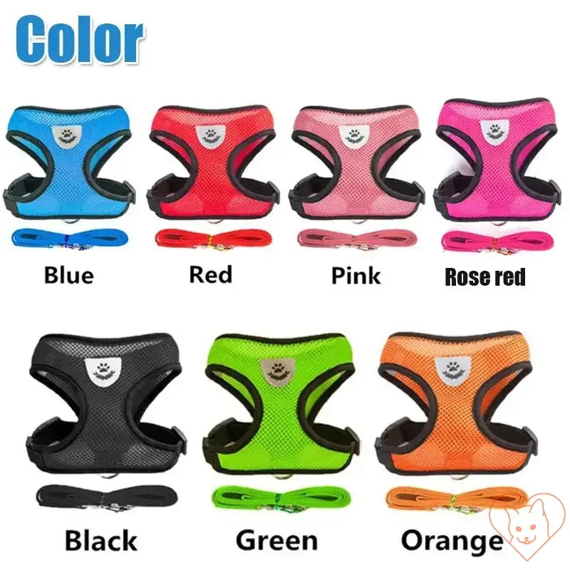 Color options for Reflective Mesh Cat Harness with Leash Set: Blue, Red, Pink, Rose Red, Black, Green, Orange.