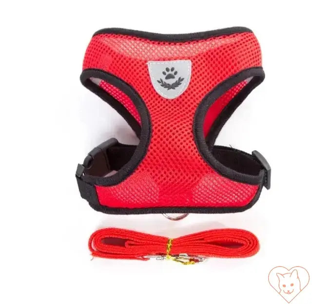 Red reflective mesh cat harness with leash set, breathable and lightweight for outdoor adventures.