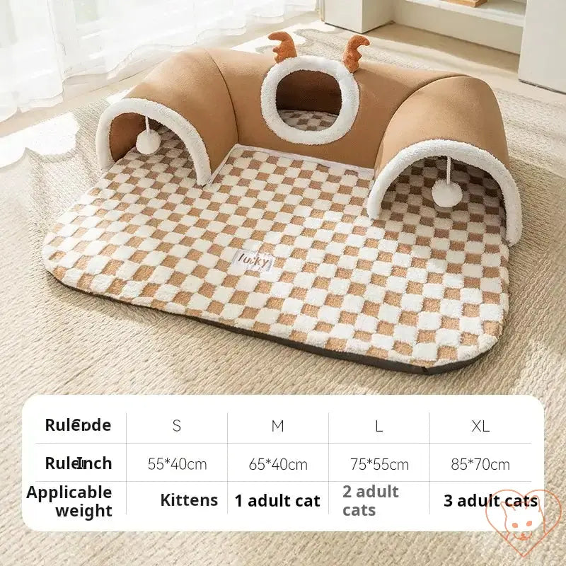 Cozy reindeer plush cat bed and tunnel with checkered pattern, designed for multiple cat sizes and ideal for play and sleep.