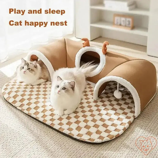 Cozy Reindeer Plush Cat Bed & Tunnel design with two cats enjoying play and sleep in a stylish, warm nest.