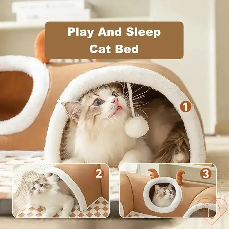 Play and sleep cat bed featuring a plush design and integrated tunnel for cozy naps and interactive fun.