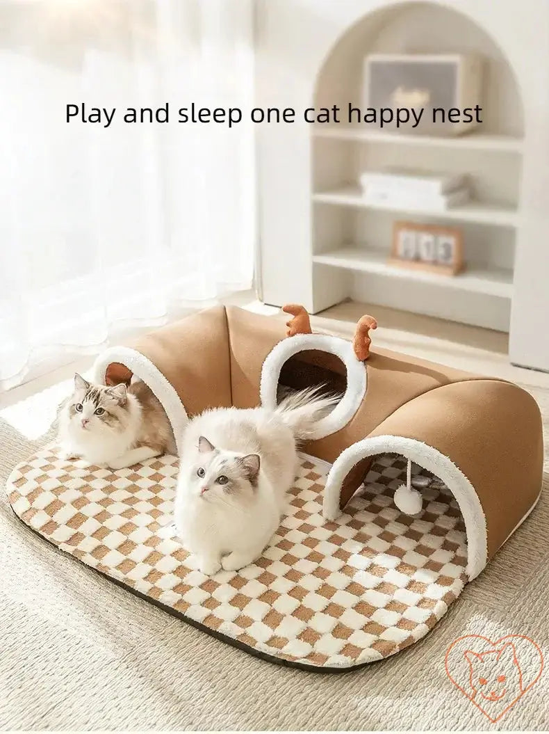 Cozy Reindeer Plush Cat Bed with Tunnel for playful and restful naps, featuring two happy cats lounging.