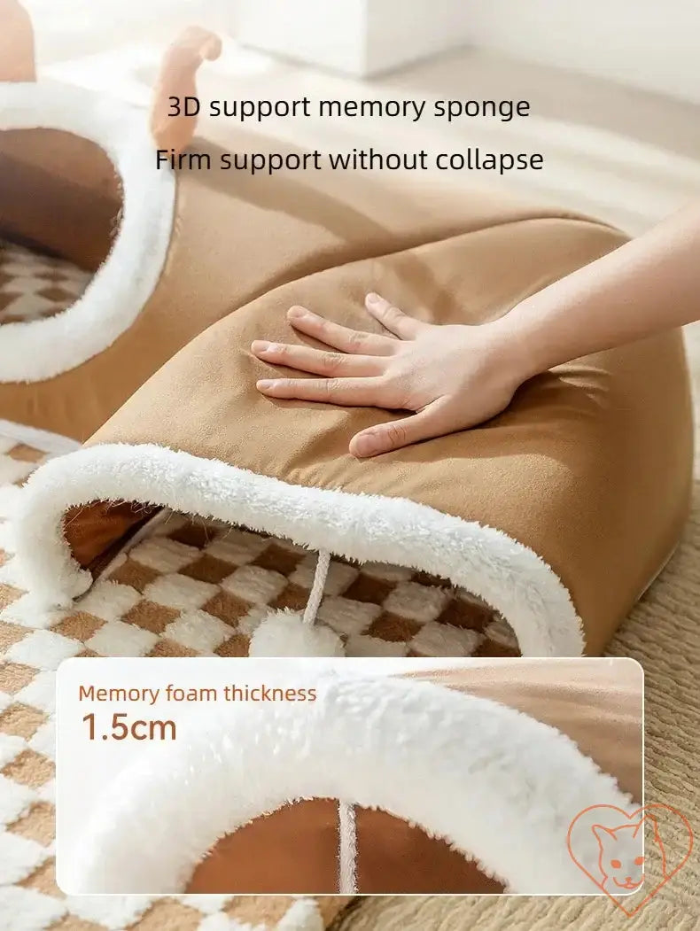 Close-up of 3D memory sponge cat bed showing firm support and 1.5cm thick memory foam for comfort and durability.