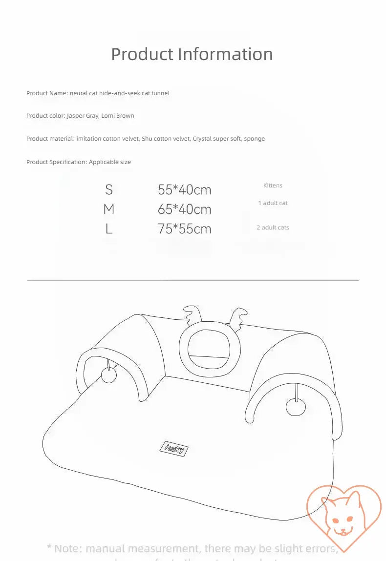 Product information for a gray plush cat hide-and-seek tunnel, available in sizes S, M, and L.