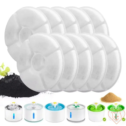 Replacement activated carbon filters for cat water fountain in a pack, ensuring clean and fresh water for pets.