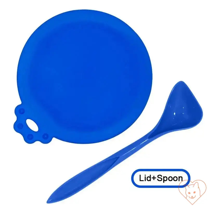 Blue reusable pet food can lid and spoon set for fresh food storage and easy serving.