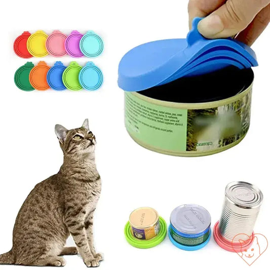 Reusable pet food can covers in multiple colors with a cat looking at an open can, showcasing freshness and convenience.