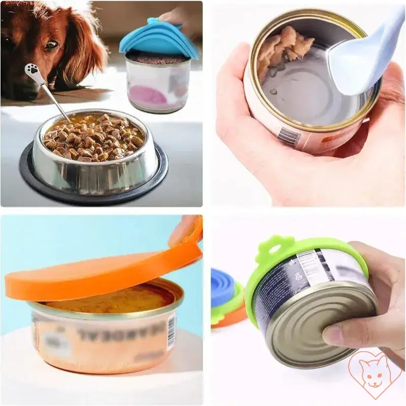 Collage of reusable pet food can covers and spoons, keeping pet food fresh and easy to serve.