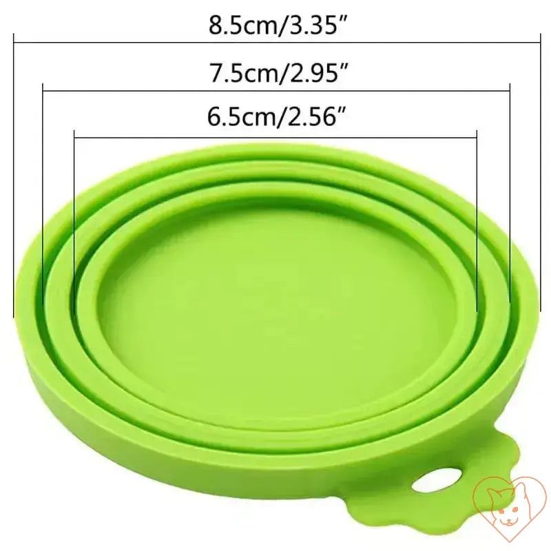 Set of three green silicone pet food can covers with size measurements for easy storage and usage.