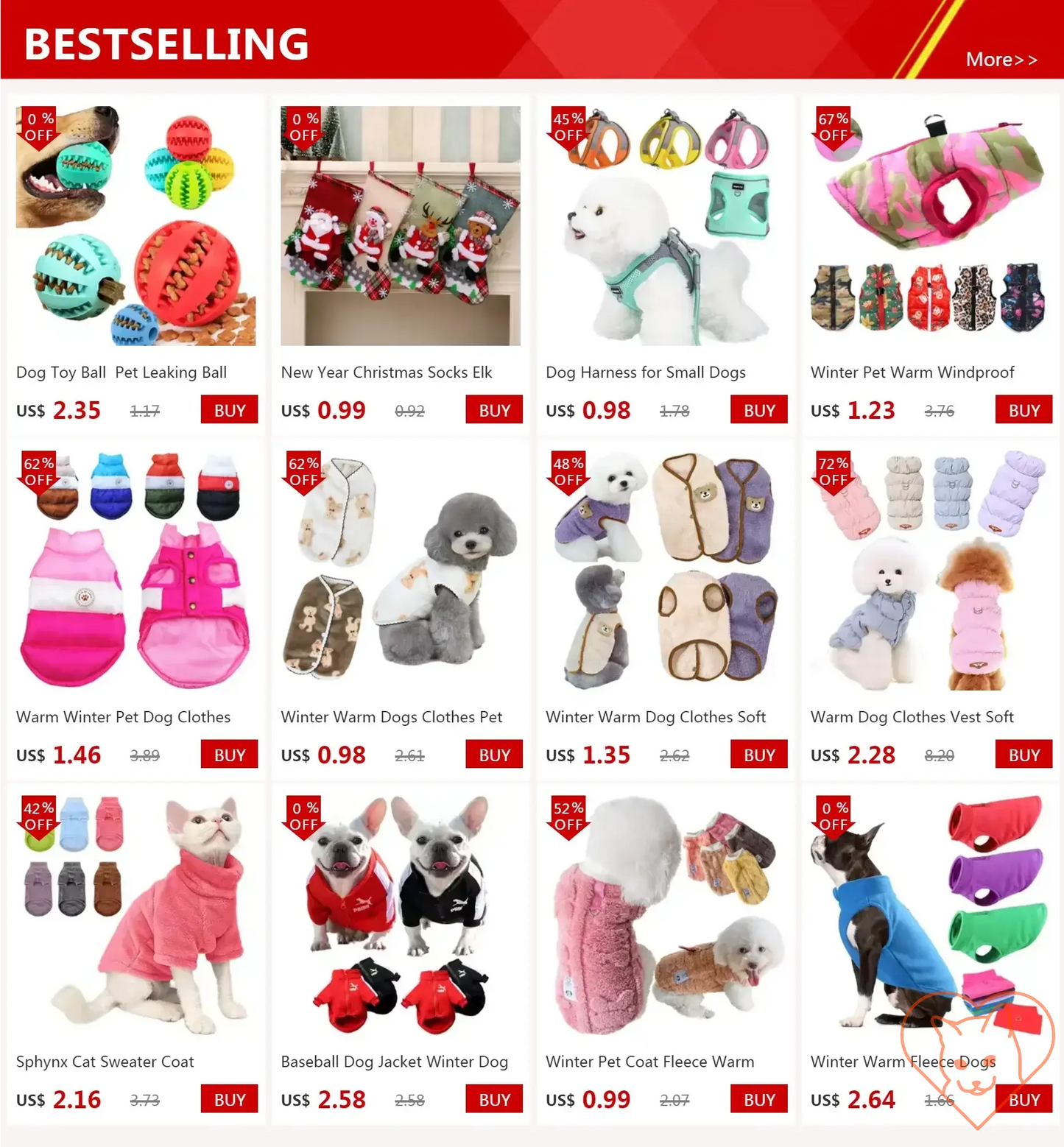 Collage of bestselling pet products including toys, clothes, and accessories for dogs and cats.