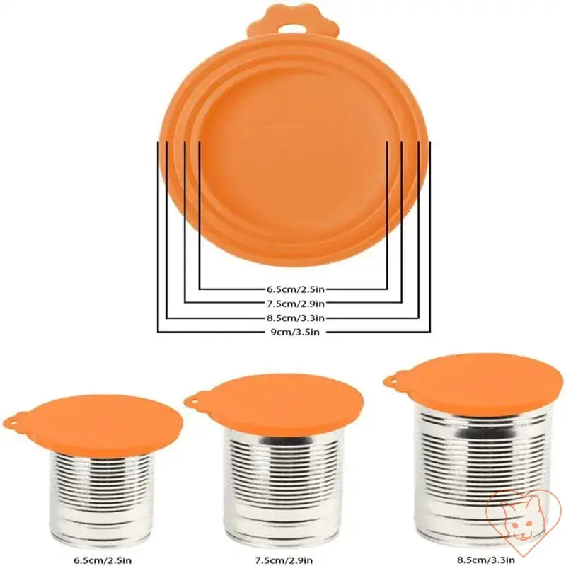 Reusable pet food can cover set with orange silicone lid and three can sizes for sealing food freshness.