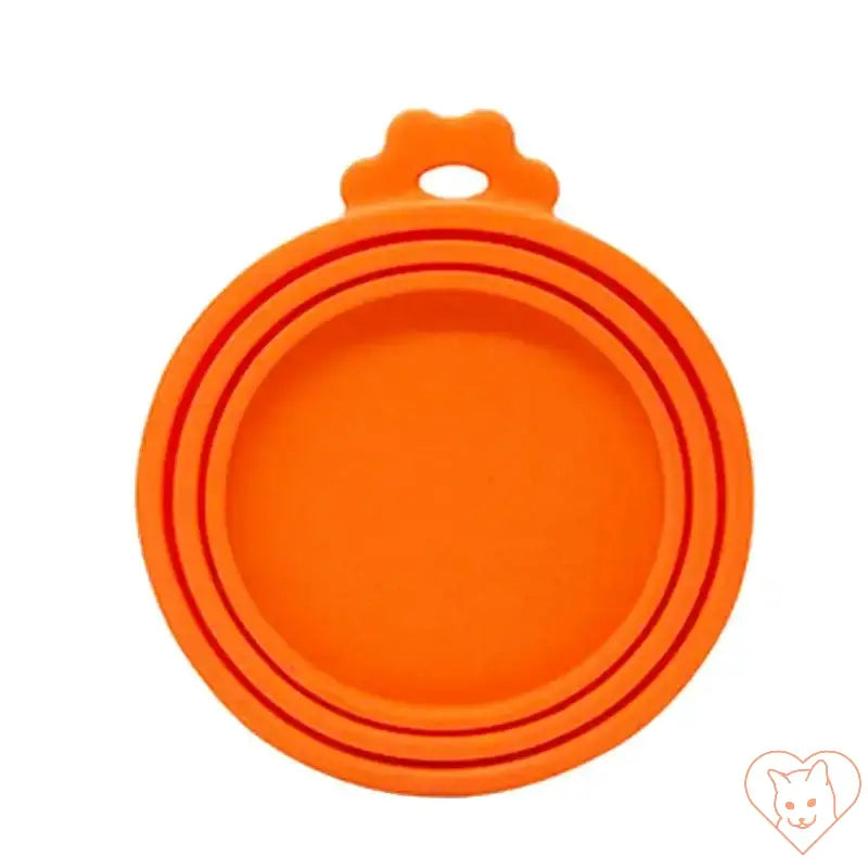 Orange silicone pet food can cover designed to keep pet food fresh and prevent odors.