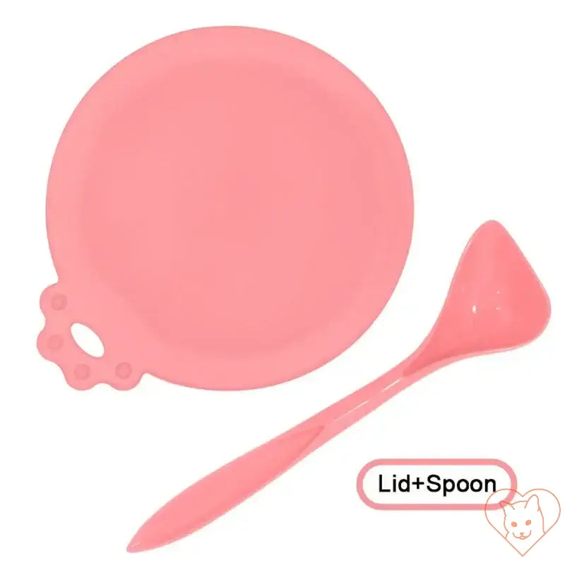 Pink reusable pet food can cover and spoon set, ideal for keeping pet food fresh and easy to scoop.