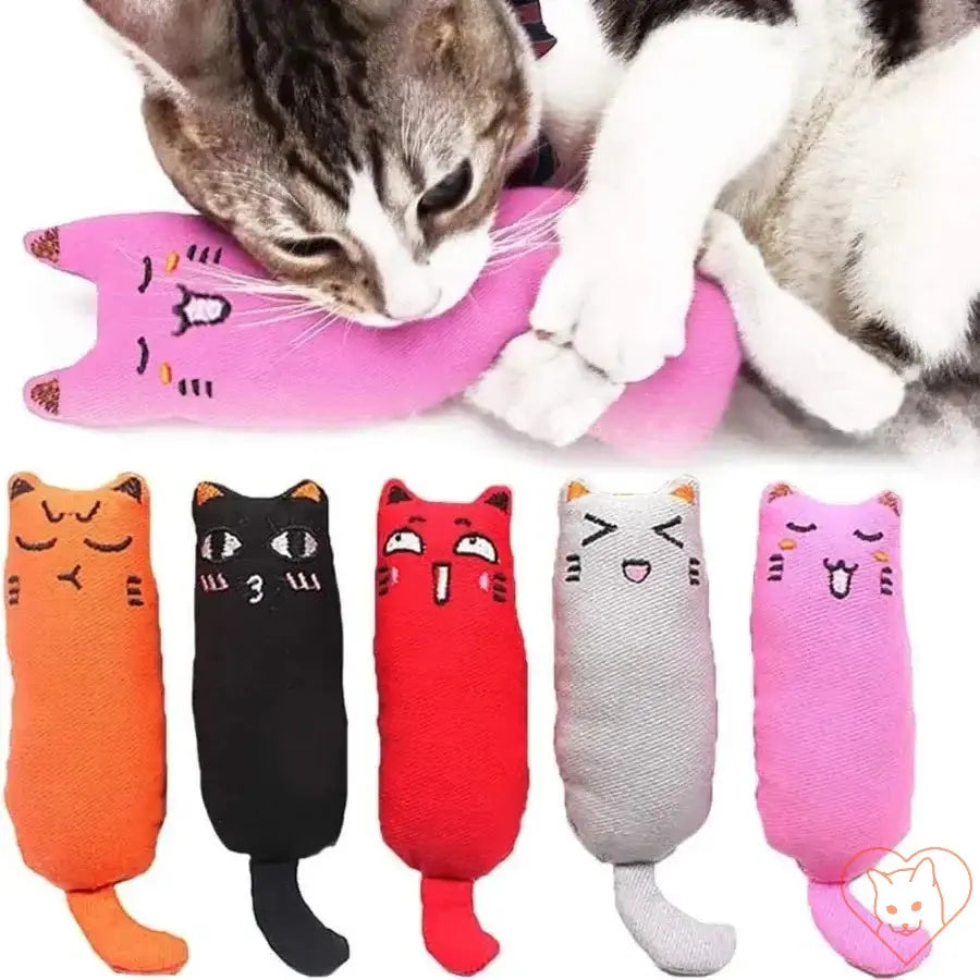 Playful cat chewing on colorful catnip plush toys, featuring a thumb pillow design for entertaining cats.