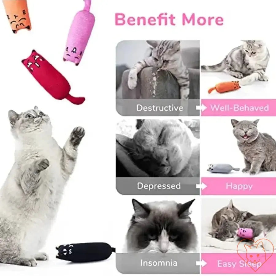 Cats enjoying the Rustle Sound Catnip Plush Toy, showcasing benefits like happiness and improved behavior.