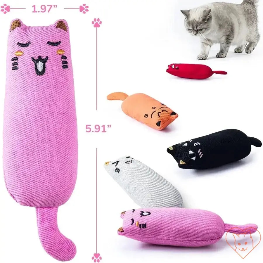 Colorful catnip plush toys for cats, featuring rustling sounds and adorable designs, perfect for playful pets.