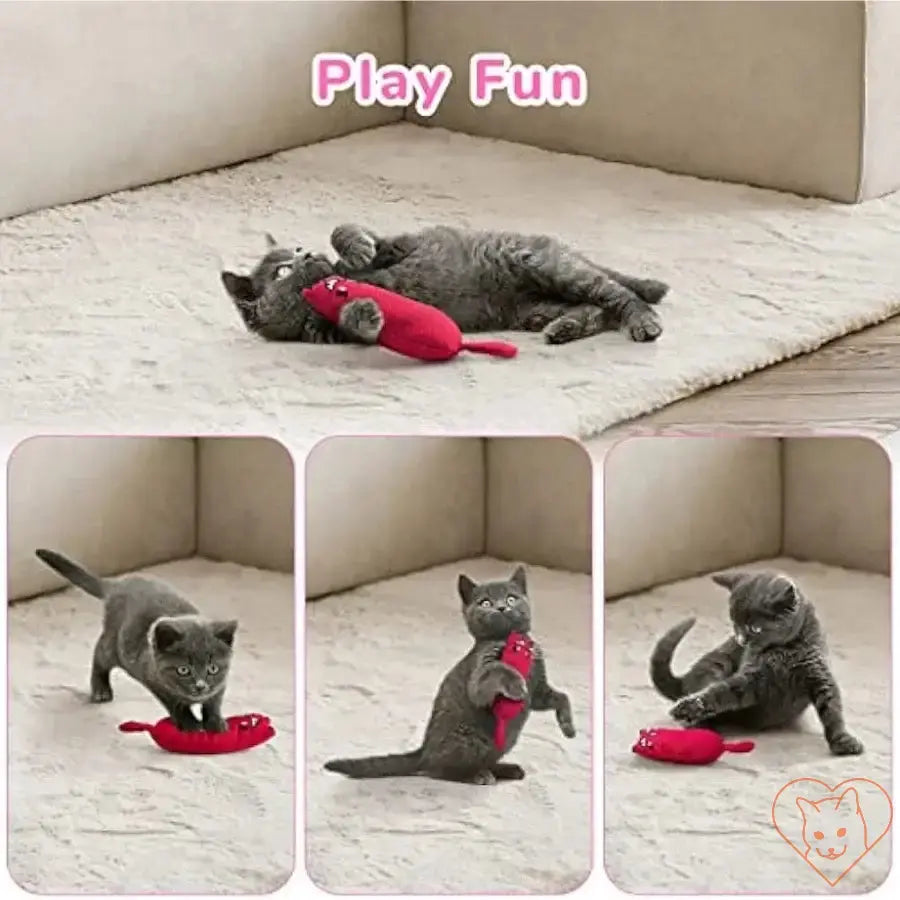 Playful gray kitten enjoying the Rustle Sound Catnip Plush Toy on a soft surface.