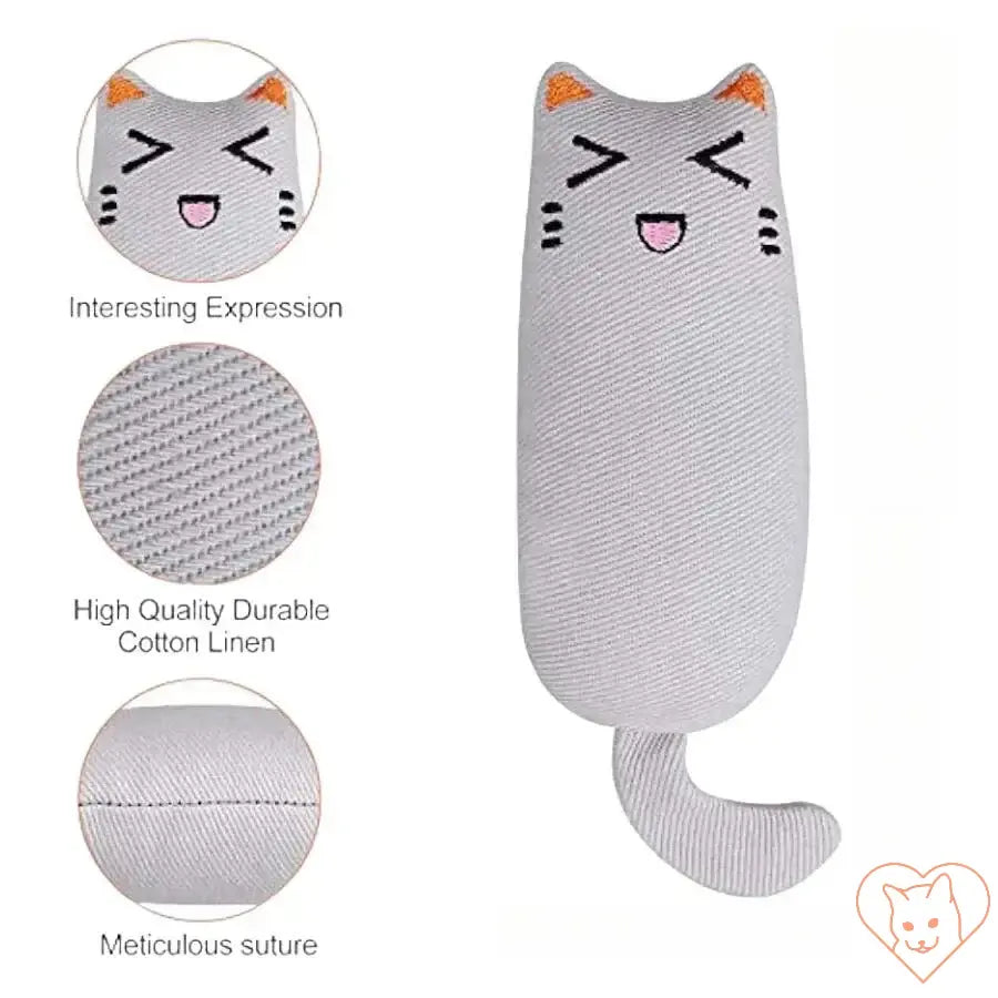 Rustle Sound Catnip Plush Toy featuring a smiling cat design in durable cotton linen for playful cats.