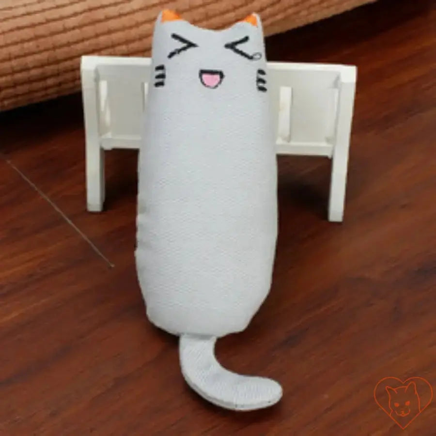 Gray catnip plush toy shaped like a cat with a happy expression, designed for playful cats.