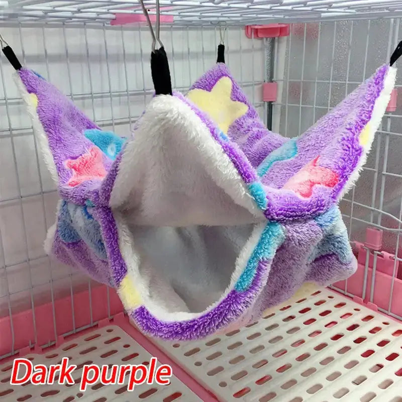 Thick Plush Hanging Tree Bed in dark purple, cozy hammock for cats with vibrant colors and soft fleece material.