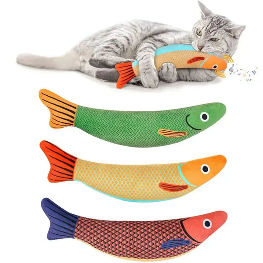 Cat playing with colorful fish-shaped catnip toy, enjoying fun and relaxation.