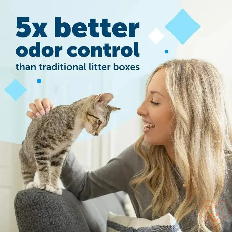 Woman interacting with a cat, promoting 5x better odor control than traditional litter boxes.