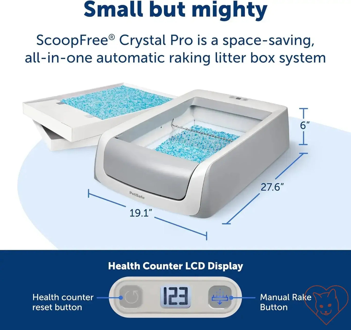 ScoopFree Smart Self-Cleaning Cat Litter Box with crystal litter and LCD display features for easy maintenance.