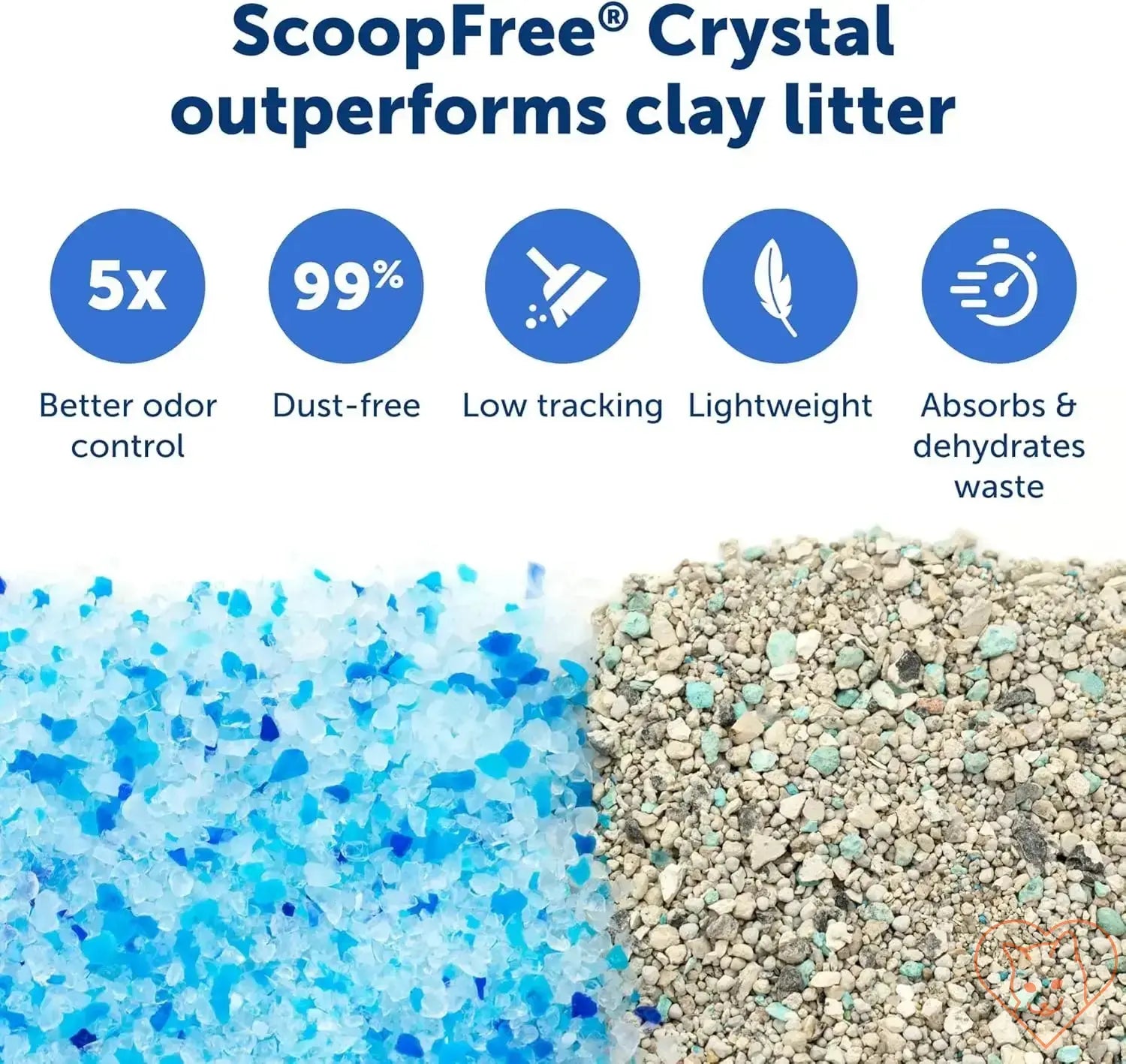 ScoopFree crystal litter comparison showing better odor control and lightweight features over clay litter.