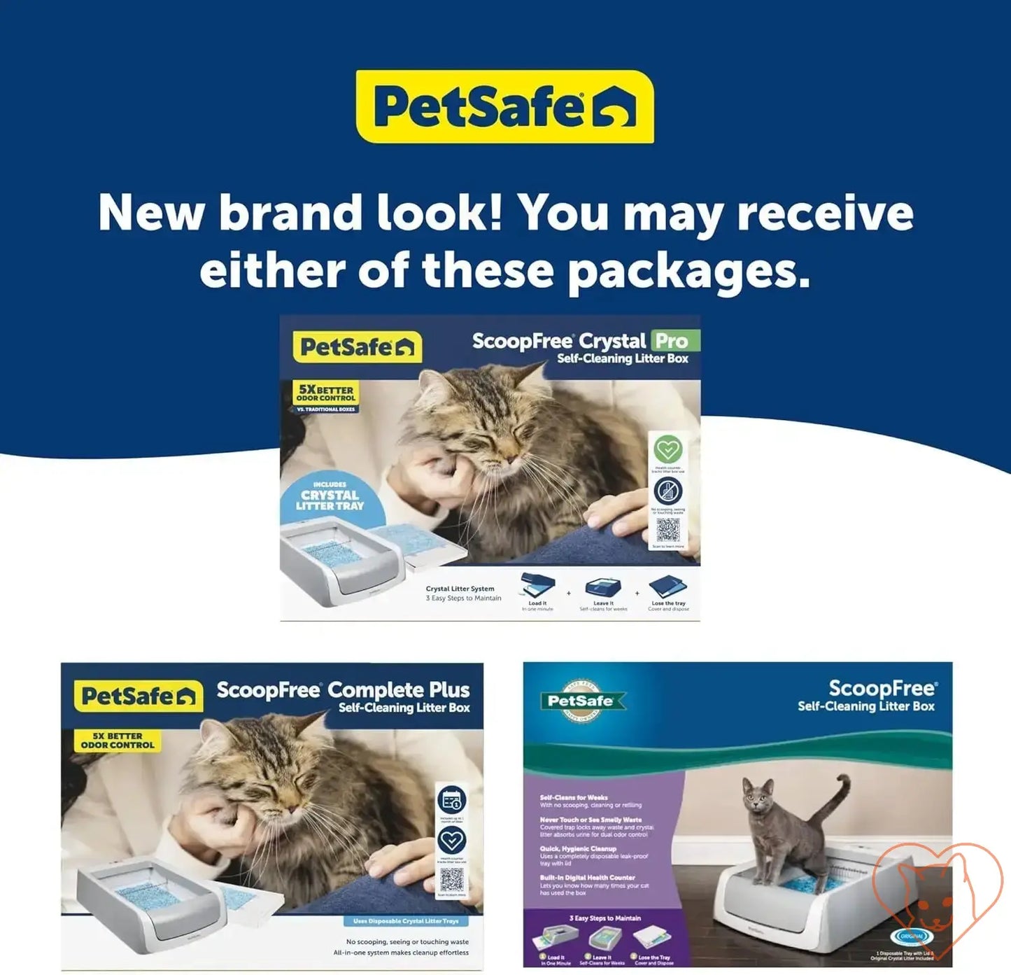 PetSafe ScoopFree self-cleaning litter box packages showcasing the new brand look and crystal litter options.