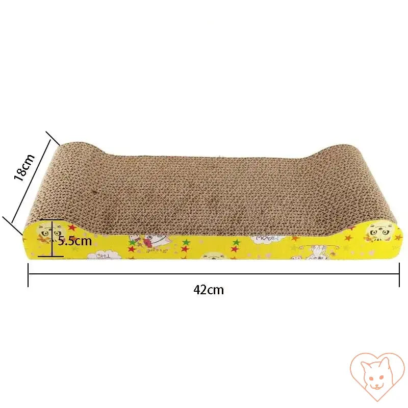 Scratch-resistant cat scratcher sofa bed in yellow, measuring 42cm x 18cm x 5.5cm, made of durable corrugated cardboard.