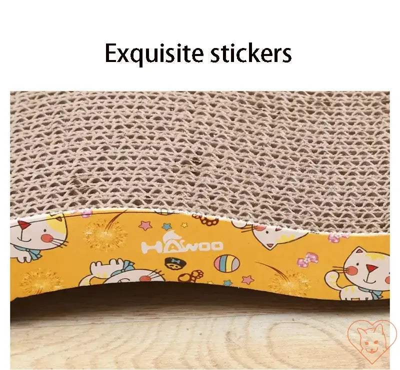 Close-up of exquisite stickers on a durable cat scratcher surface with playful cat designs.