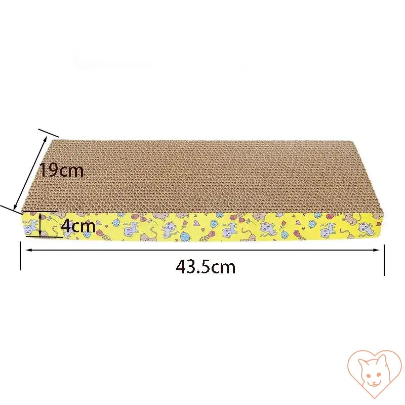 Scratch-resistant cat scratcher sofa bed made of durable cardboard, measuring 43.5cm x 19cm x 4cm, with playful yellow design.