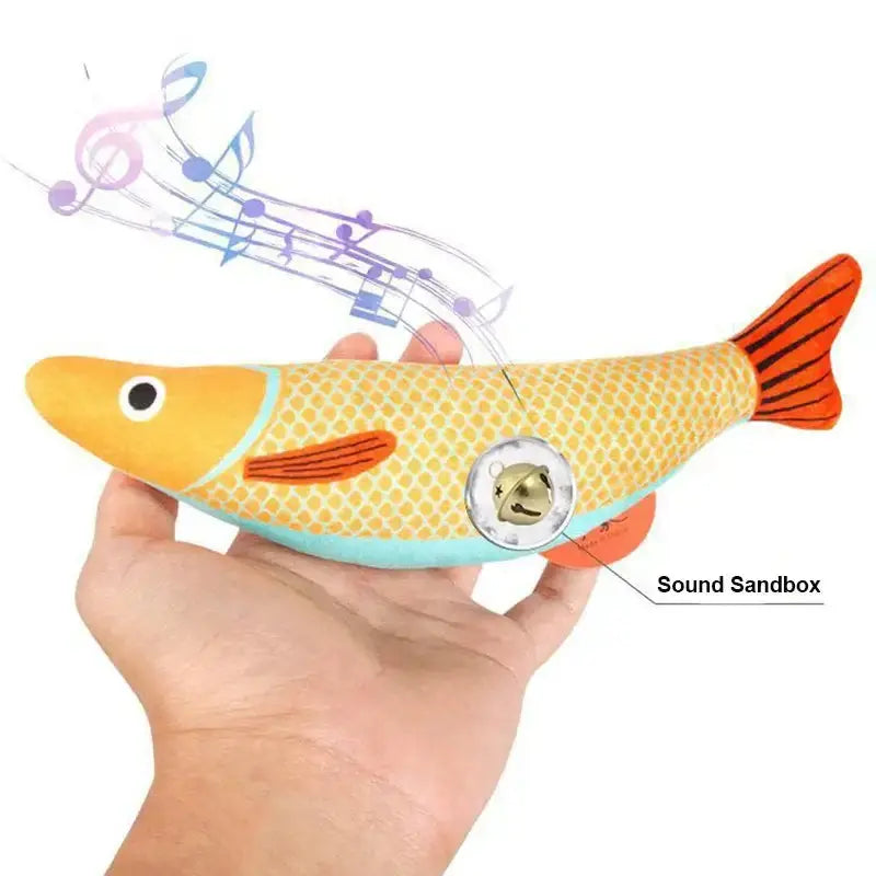 Colorful catnip fish toy with sound feature for playful and relaxing cat entertainment.