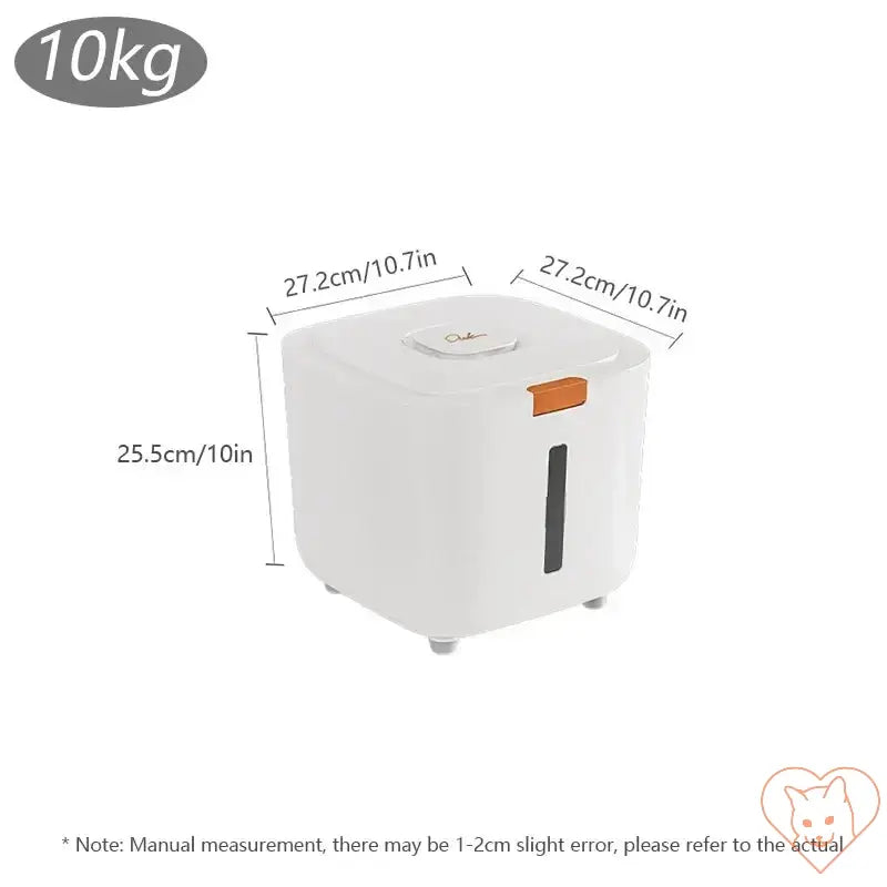 Sealed cat food storage barrel with 10kg capacity, measuring 27.2cm x 27.2cm x 25.5cm, designed to keep food fresh.