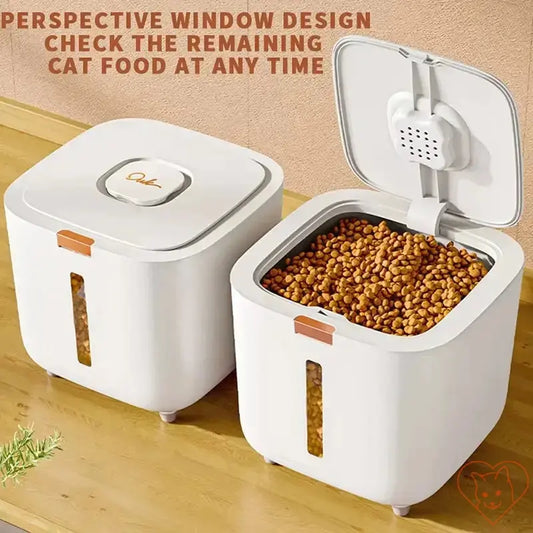 Sealed cat food storage barrel with perspective window design, allowing easy food level checks.