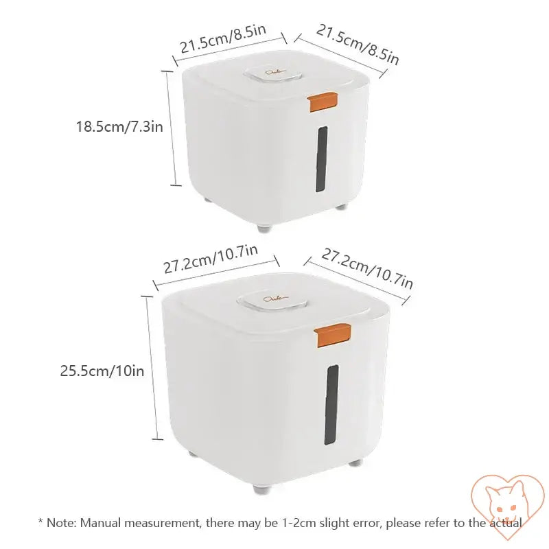 Measurement guide for large-capacity sealed cat food storage barrel, including dimensions and design details.