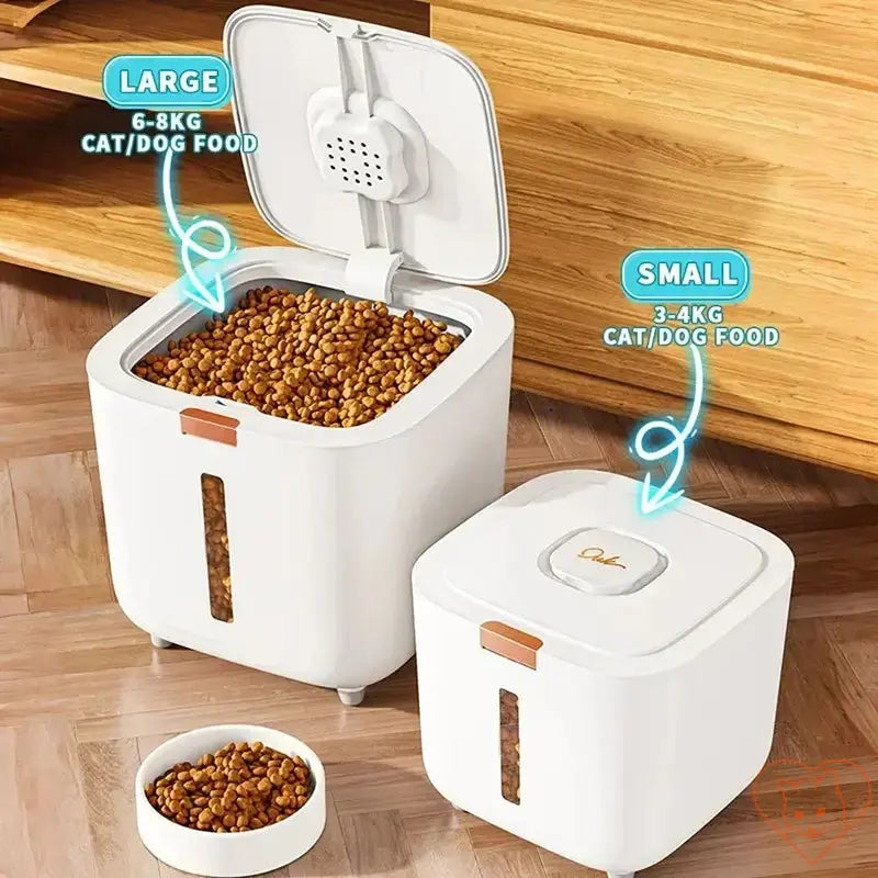 A large and small cat food storage container with kibble, labeled for capacity, ensuring freshness and convenience.