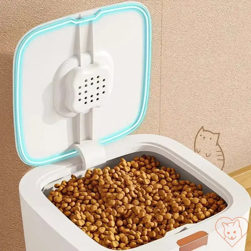 Airtight sealed cat food storage barrel with kibble, designed for freshness and convenience.