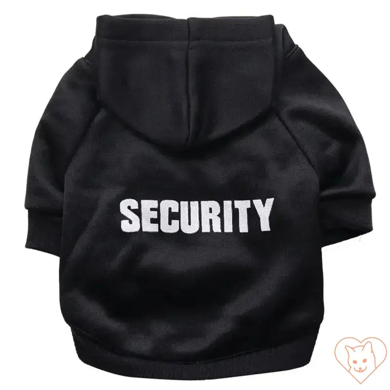 Black cat hoodie with SECURITY text, a stylish and warm jacket for pets, perfect for cozy outings.