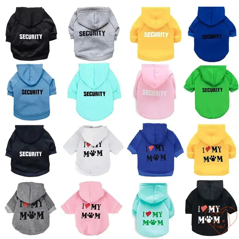 Variety of Security Cat Hoodies in different colors for pets, showcasing stylish and cozy designs for cats and small dogs.