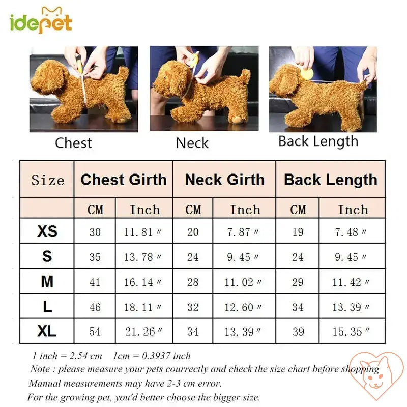 Sizing guide for pet apparel, showing chest, neck girth, and back length measurements with a dog model.