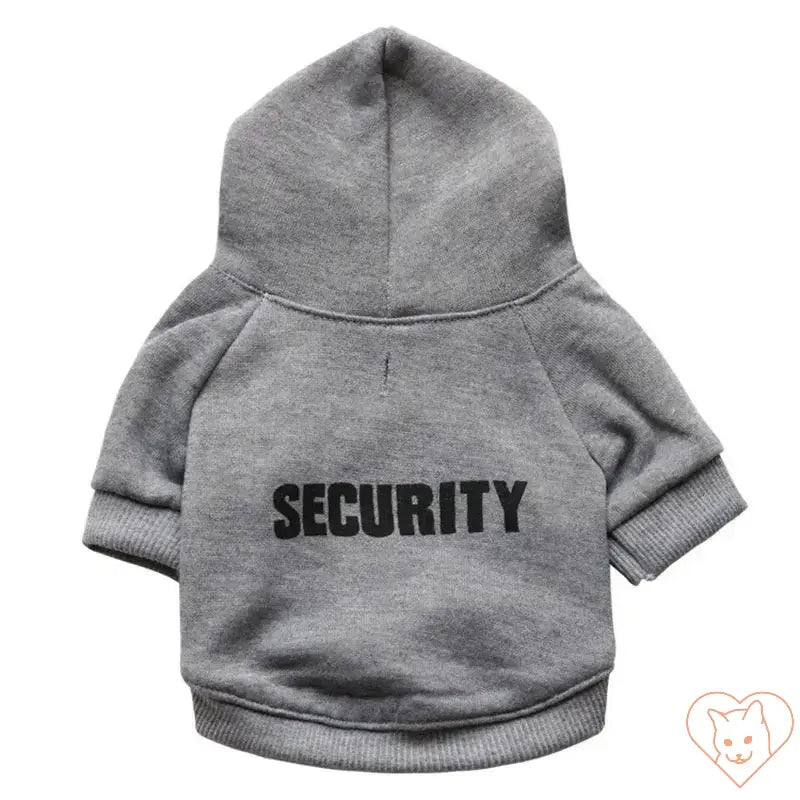 Gray cat hoodie with SECURITY print, perfect for keeping pets warm and stylish.