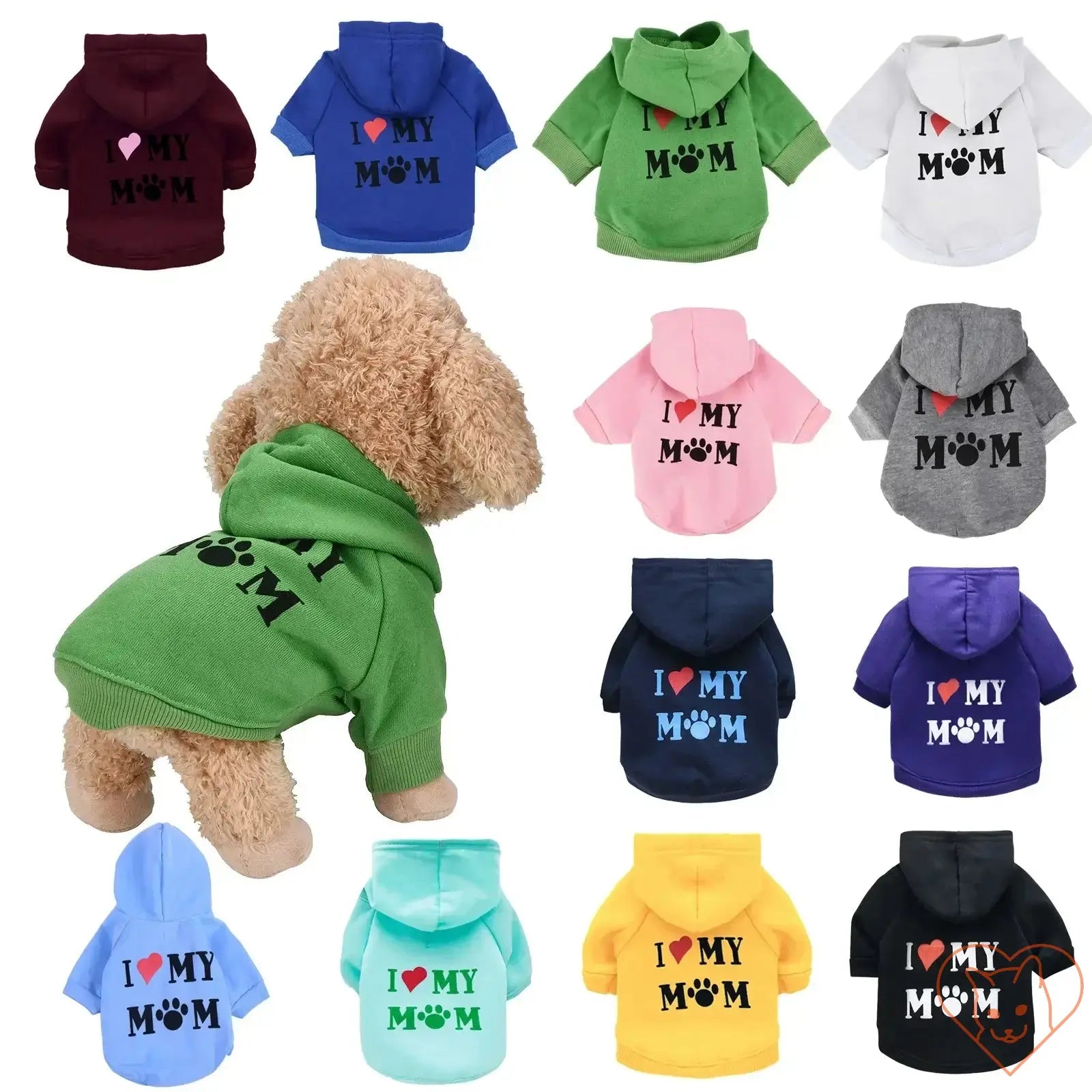 Variety of colorful pet hoodies saying 'I Love My Mom,' perfect for small dogs or cats.