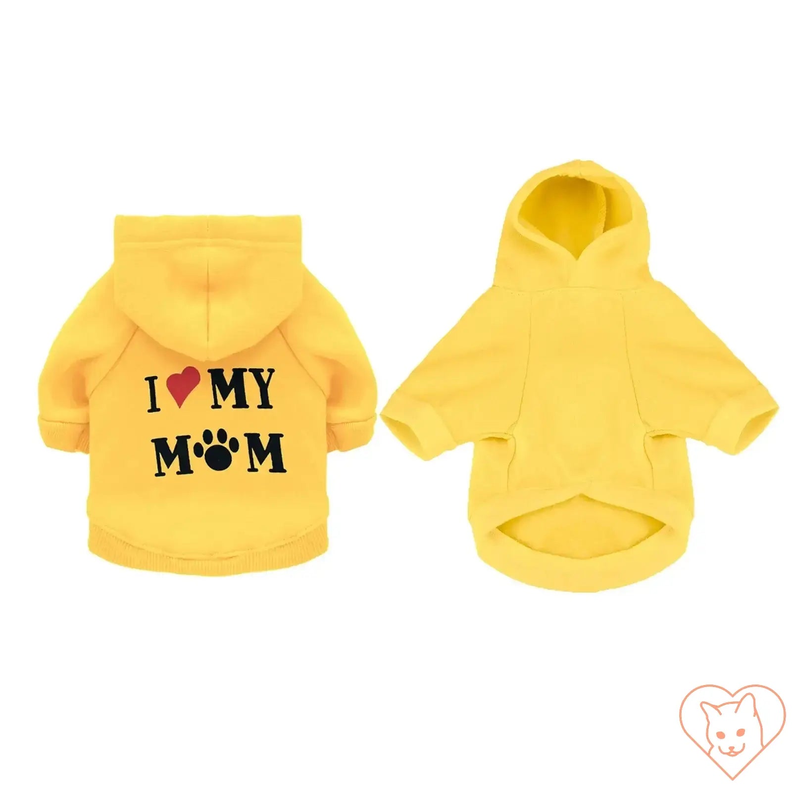 Yellow pet hoodie with "I ❤️ MY MOM" print for cats and small dogs, ideal for warmth and style.