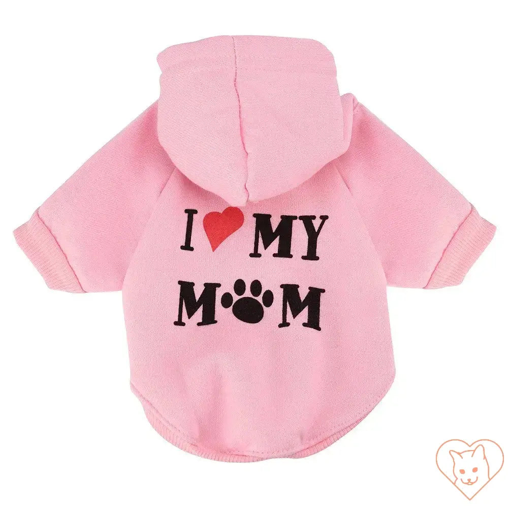 Pink pet hoodie with "I ❤️ MY MOM" design for cats and small dogs, perfect for warmth and style.