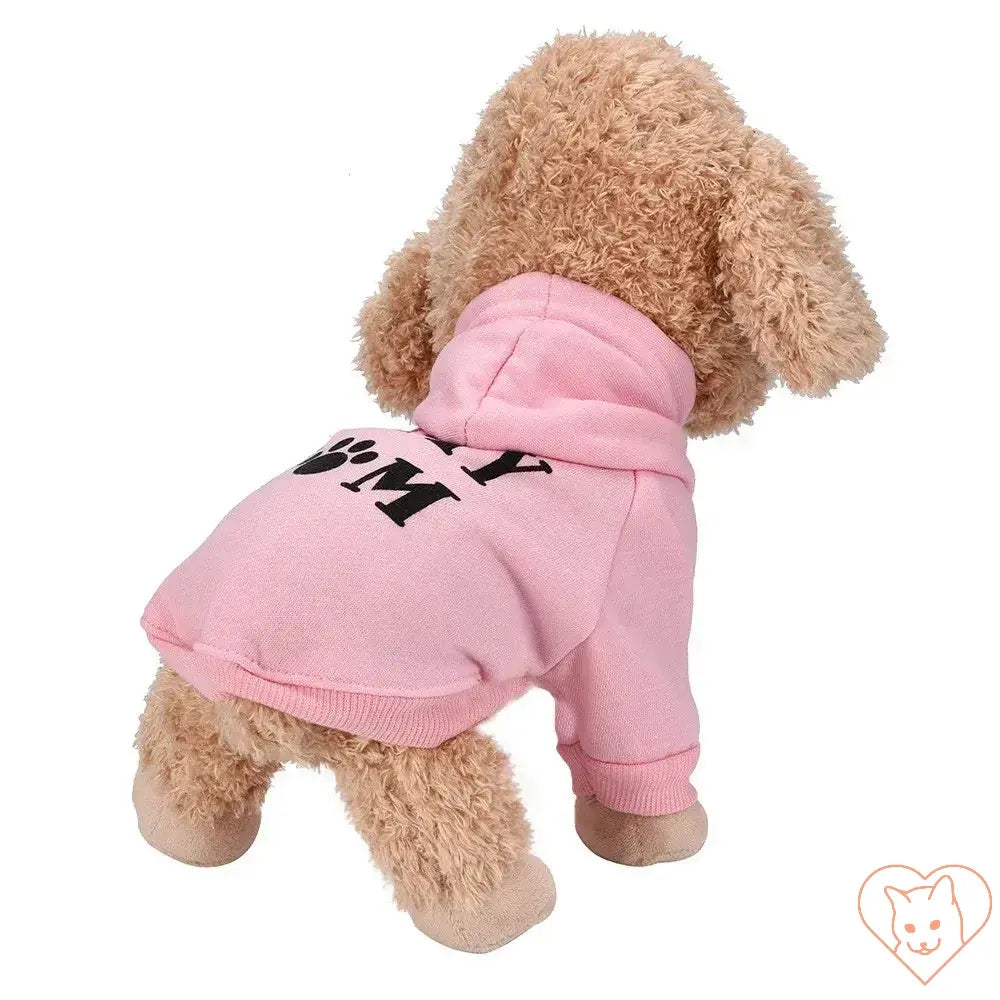 Fluffy stuffed animal wearing a pink Security Cat Hoodie, showcasing cozy pet apparel.