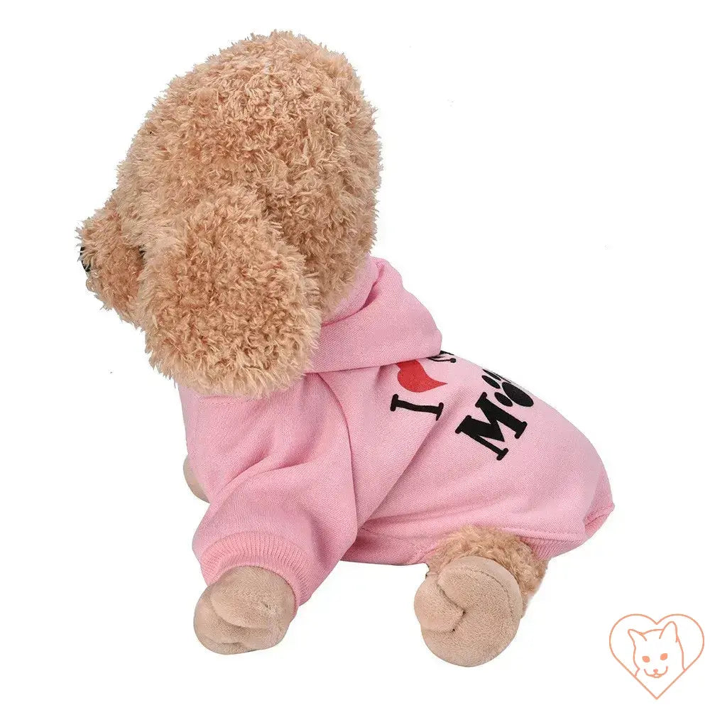 Adorable stuffed animal in a pink hoodie that reads 'I Love My Mom', showcasing cozy pet fashion.