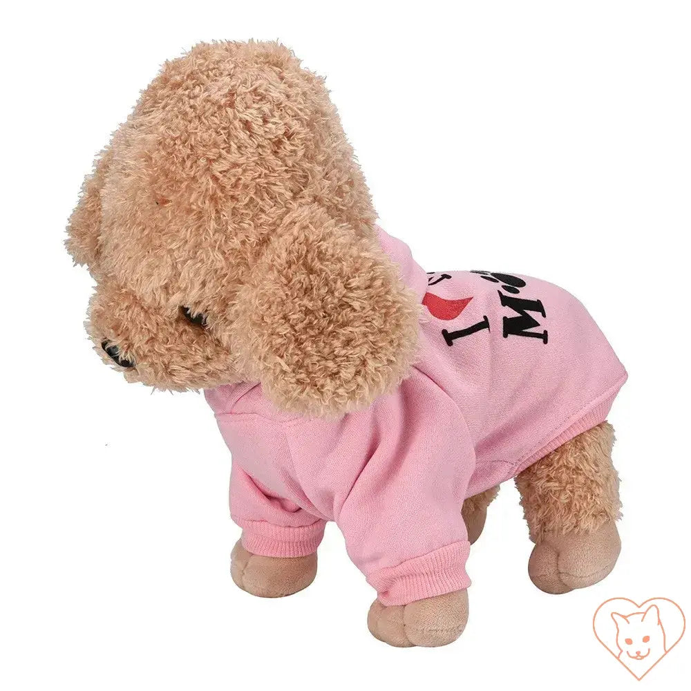 Adorable pet plush wearing a pink hoodie, showcasing stylish pet fashion for small dogs or cats.