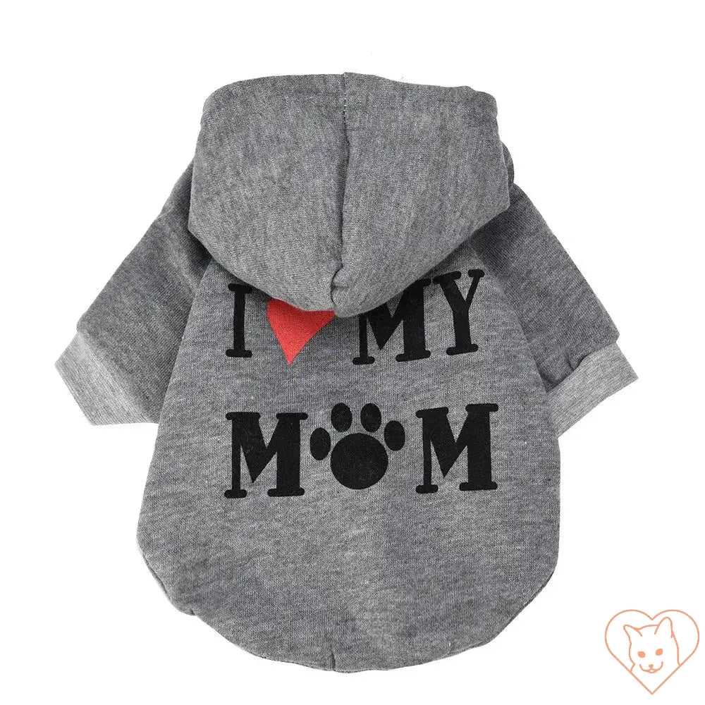 Gray cat hoodie featuring 'I ❤️ MY MOM' design, perfect for keeping pets stylish and cozy.