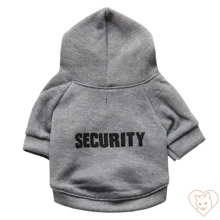 Gray Security Cat Hoodie with a hood, perfect for keeping pets warm and stylish in any setting.